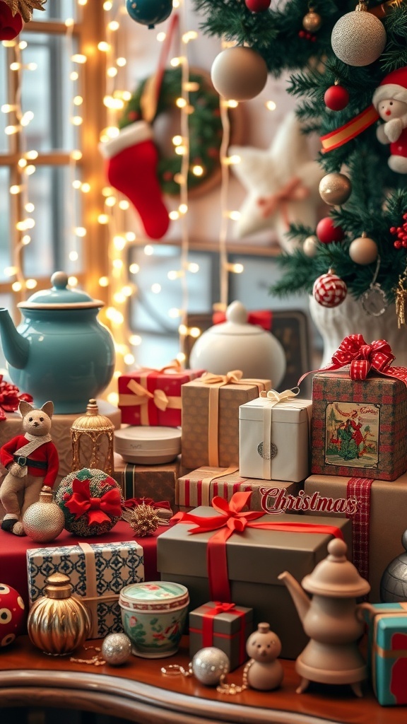 A collection of vintage Christmas gifts including jewelry, kitchenware, and toys, arranged with holiday decorations.